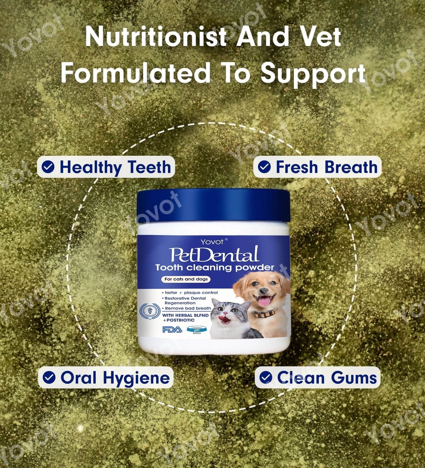 【Last Day 80% OFF 】Yovot® Pet Dental Powder – Freshen Breath, Regenerate Teeth & Tackle Tartar (AVA Approved for Cats & Dogs)